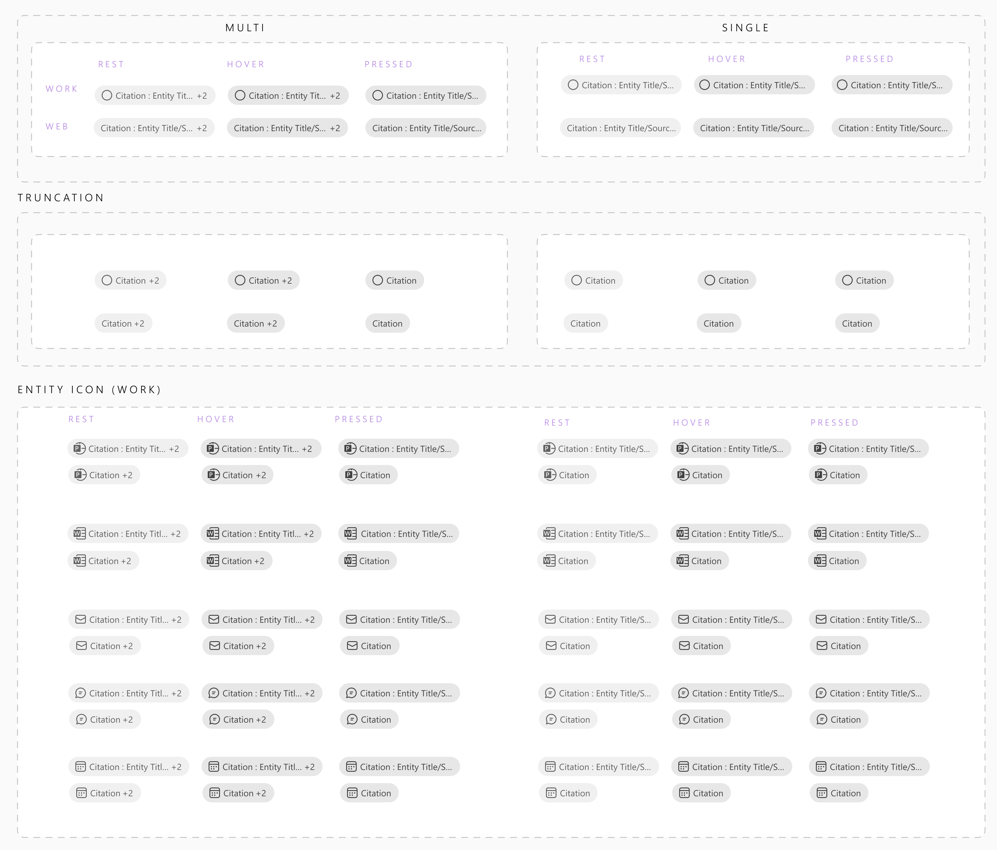 Rest, hover, and pressed states; title truncation; and Work file icons. Detail from the original specification.