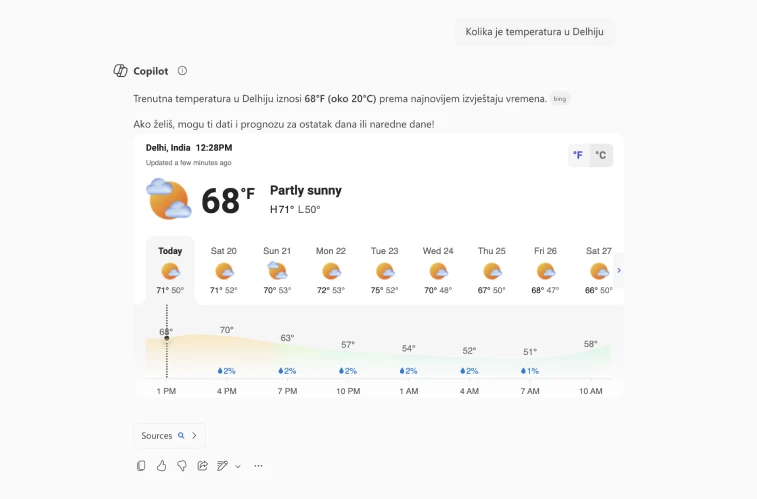 Original specimen: a Croatian query and answer with an English weather card.