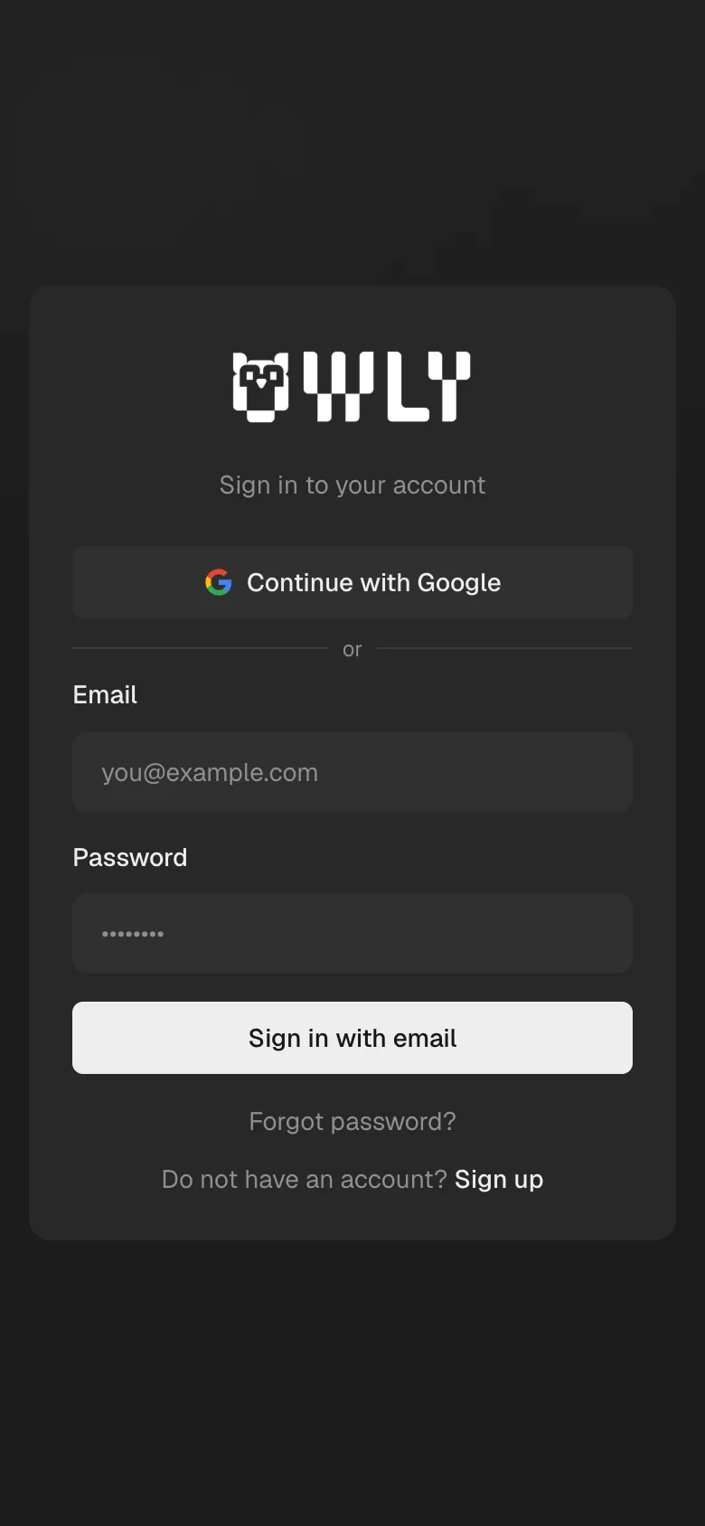 Owly Studio: Login page on mobile